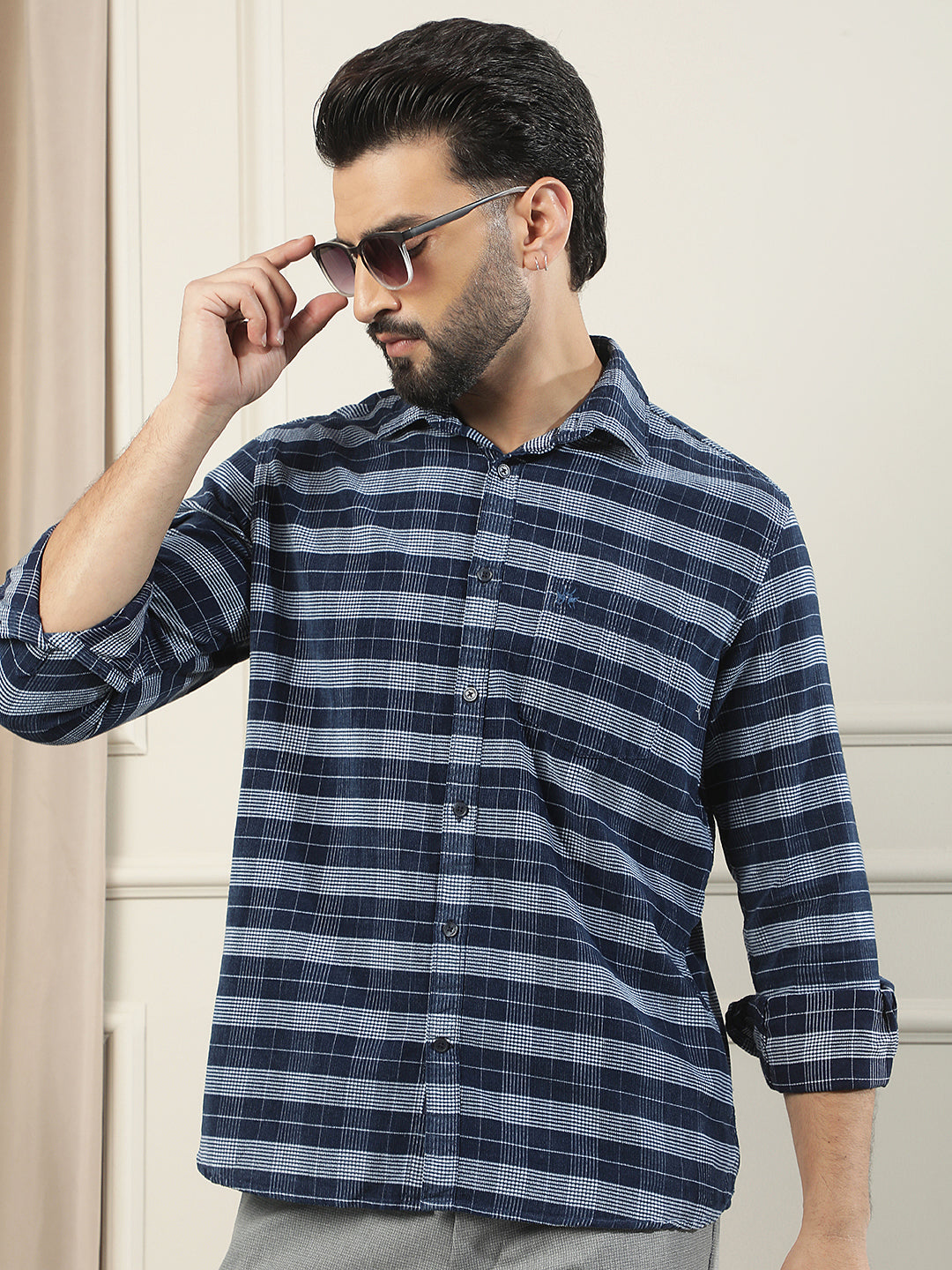 Blue Checked 100% Cotton Corduroy Shirt