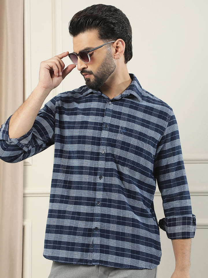 Blue Checked 100% Cotton Corduroy Shirt