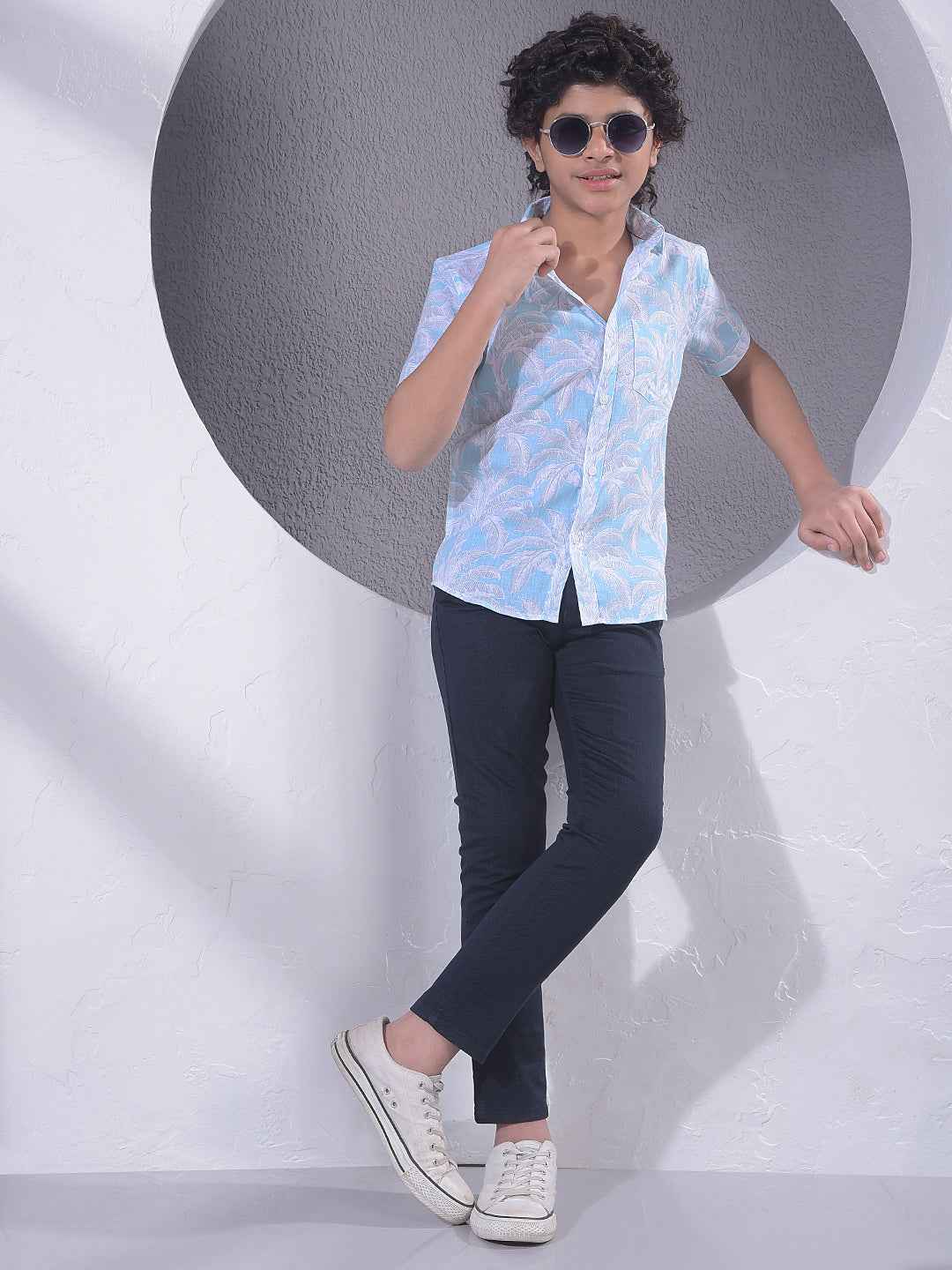 Blue Botanical Print Linen Shirt