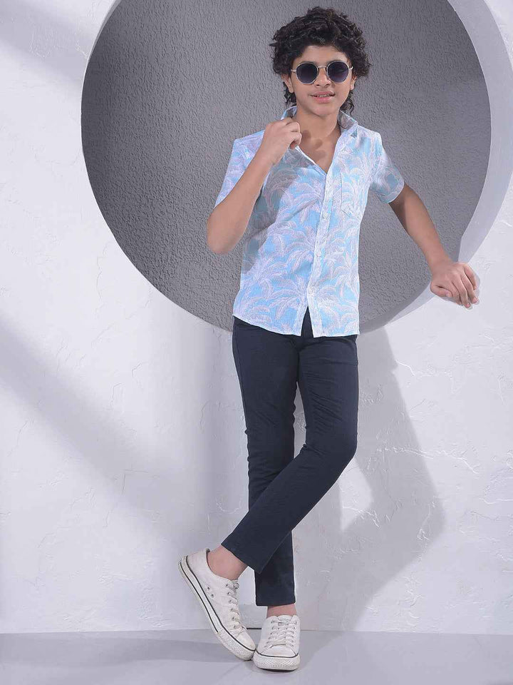 Blue Botanical Print Linen Shirt