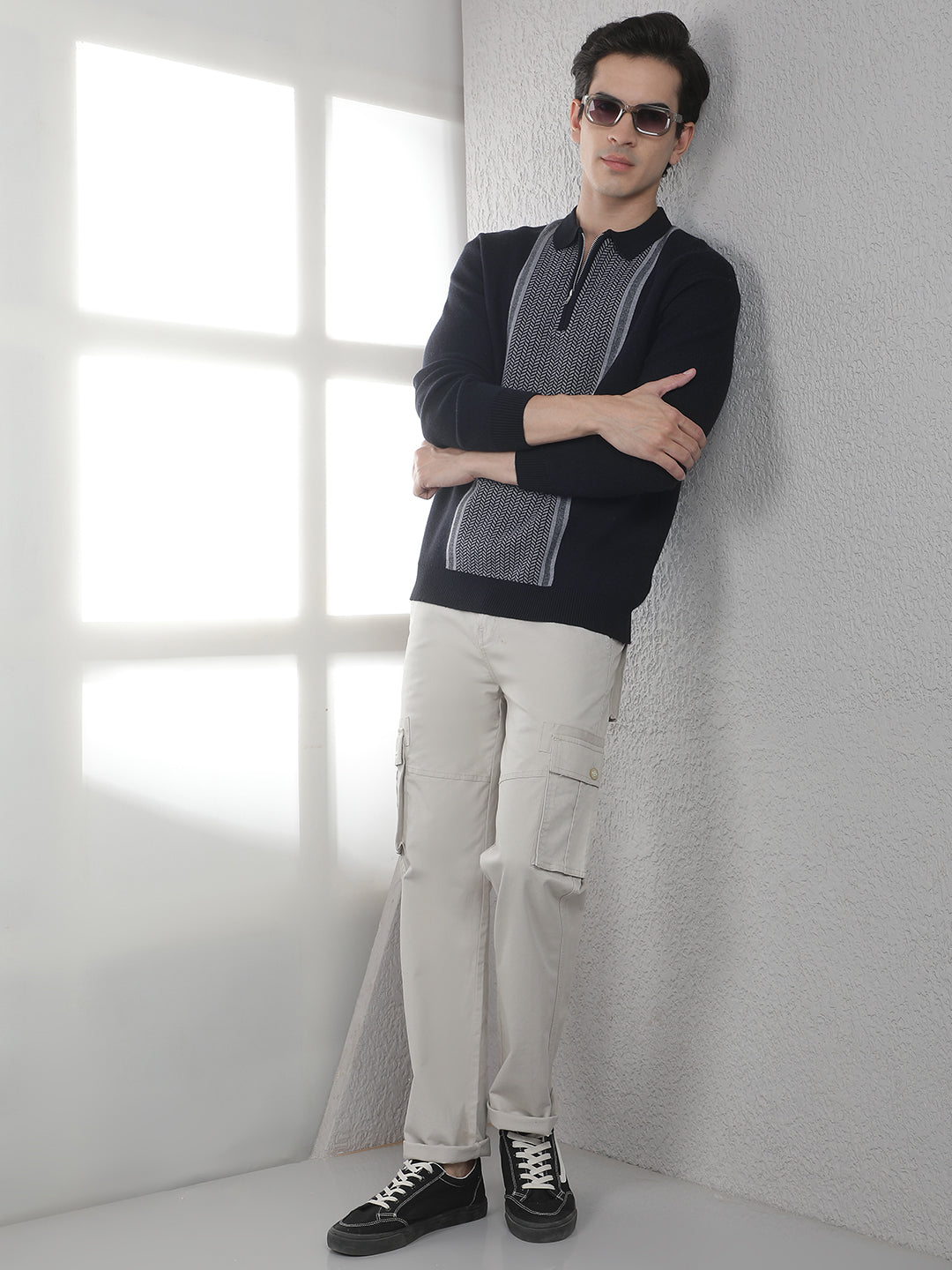 Black Verical Stripes Polo Sweater