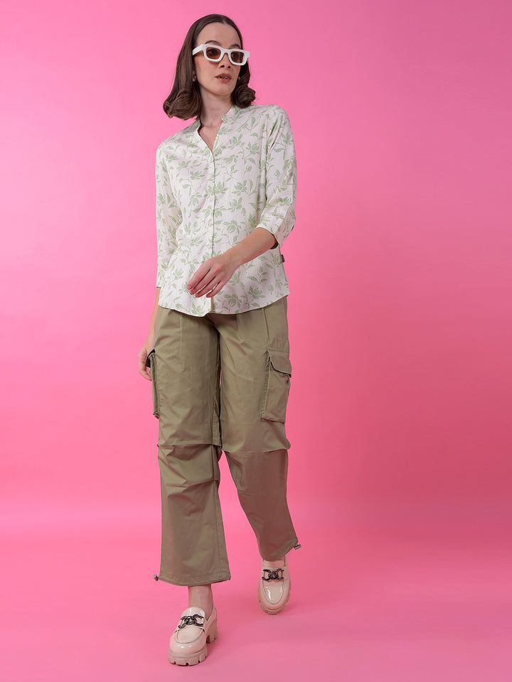 Green Floral Print V-Neck Shirt