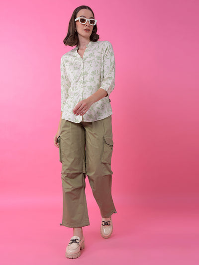 Green Floral Print V-Neck Shirt