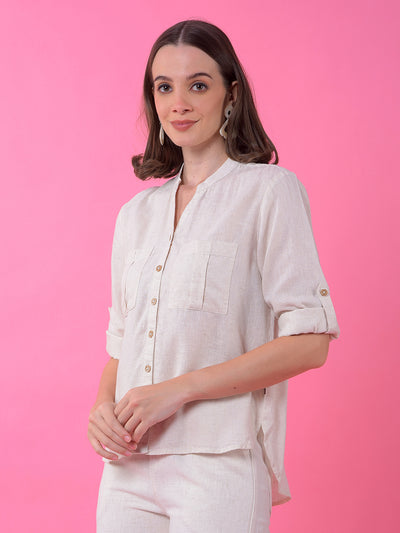 Off White V-Neck Linen Shirt