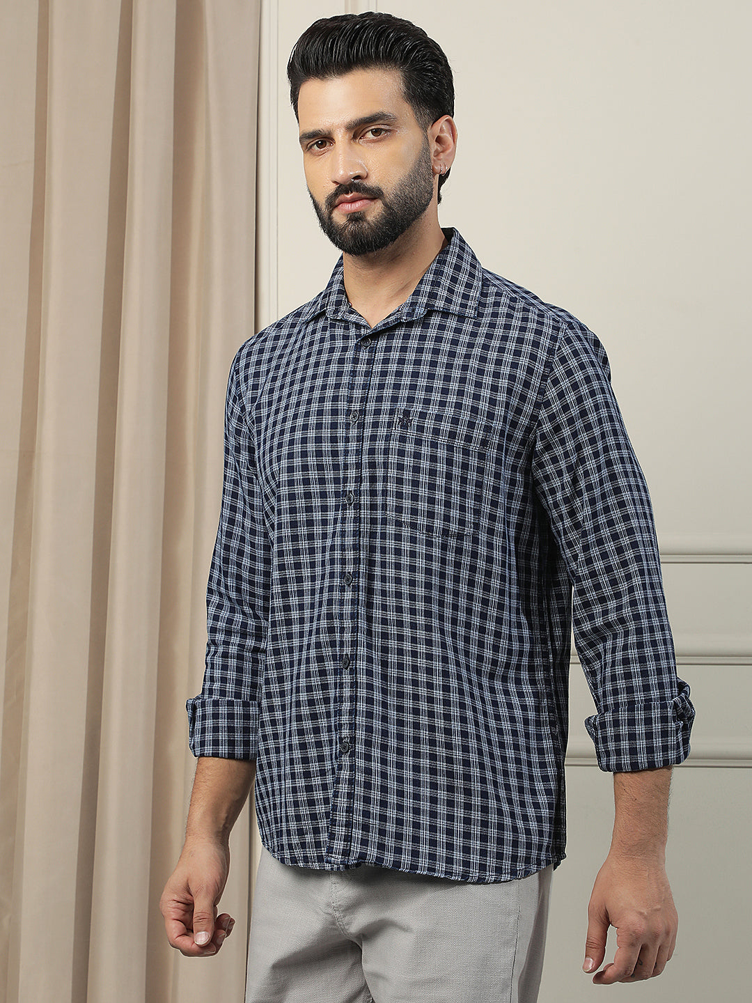 Navy Blue 100% Cotton Checked Shirt