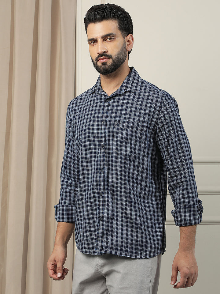 Navy Blue 100% Cotton Checked Shirt