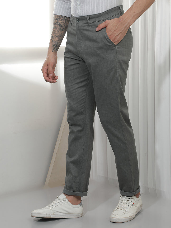 Modern Olive Checked Casual Trousers