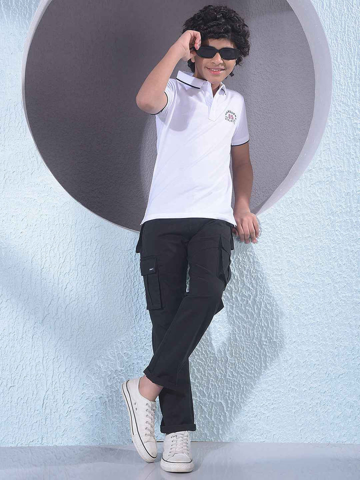 White Typographic Print Polo Neck T-Shirt