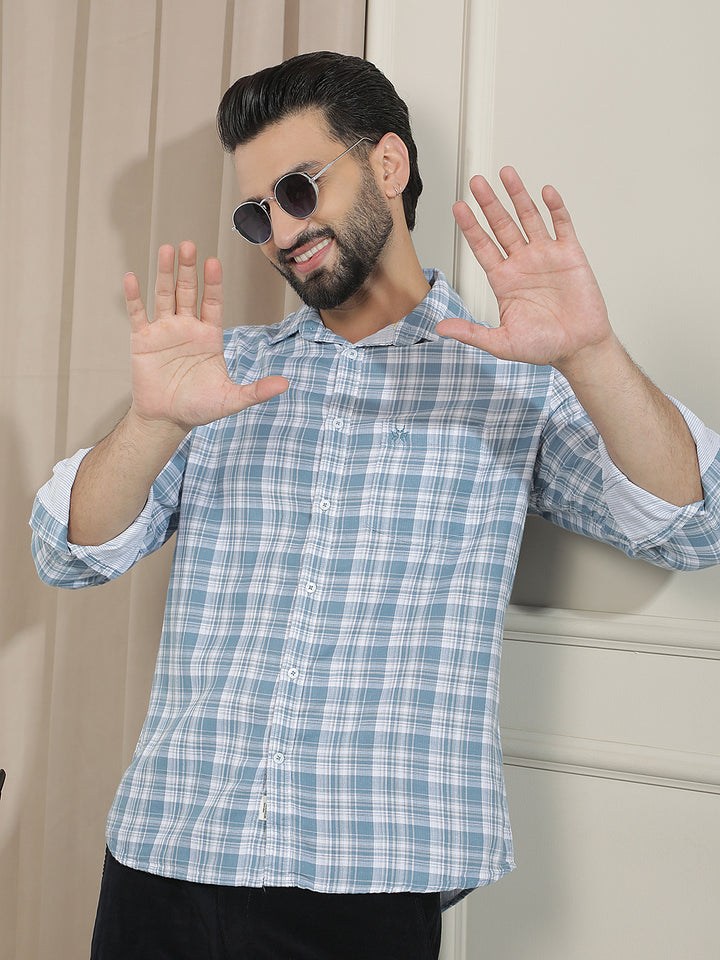 Sky Blue 100% Cotton Checked Shirt