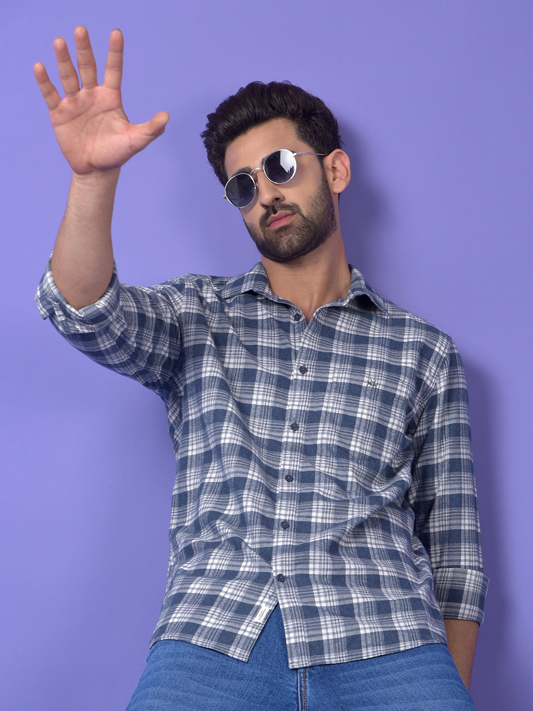Navy Blue Checked 100% Cotton Shirt