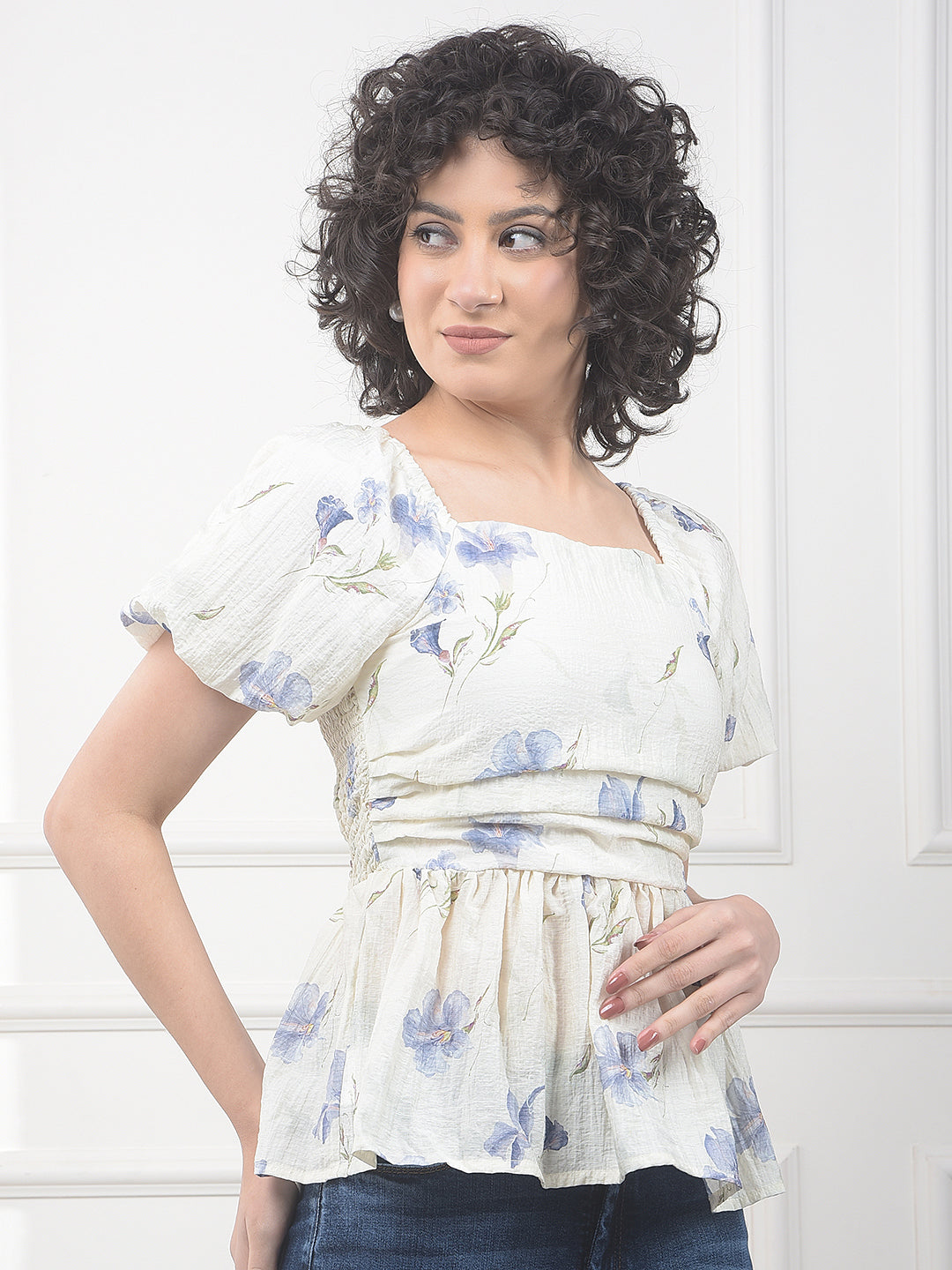 Blue Floral Print Square Neck Peplum Top