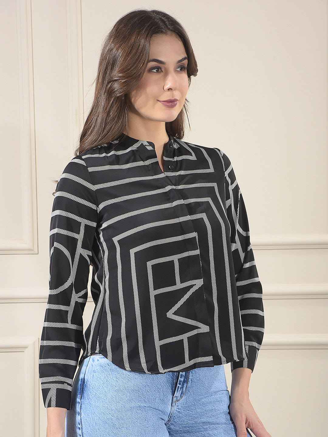 Black Printed V-Neck Shirt