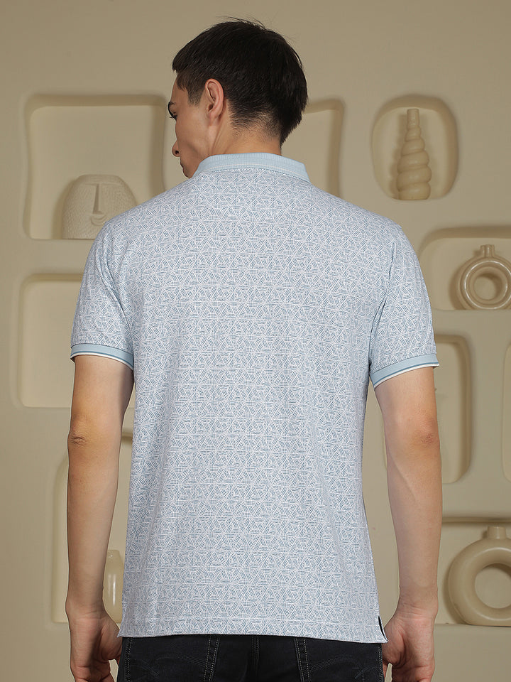 Blue Printed Polo Neck T-Shirt