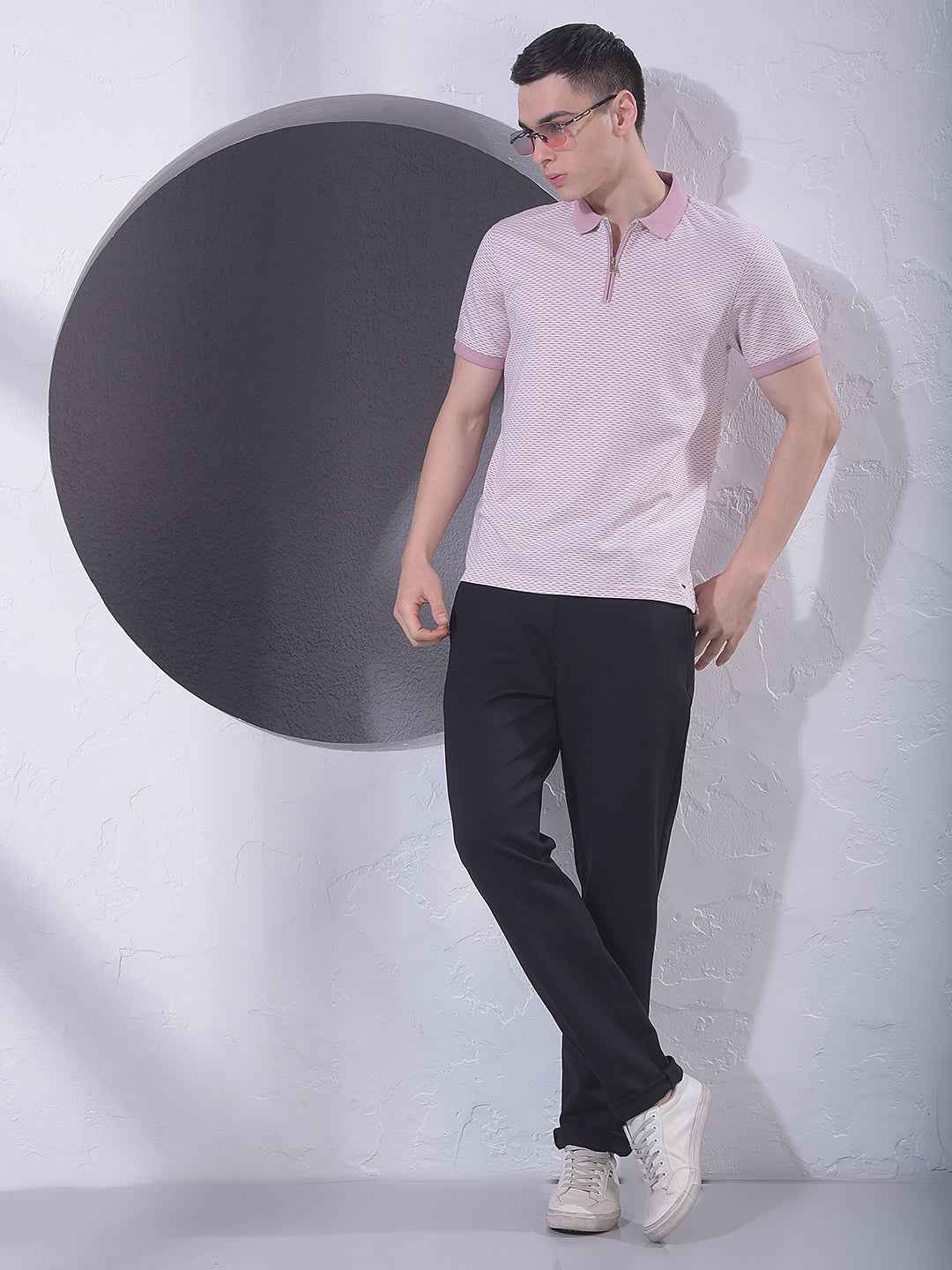 Pink Printed Polo Neck T-Shirt with Zip Closure