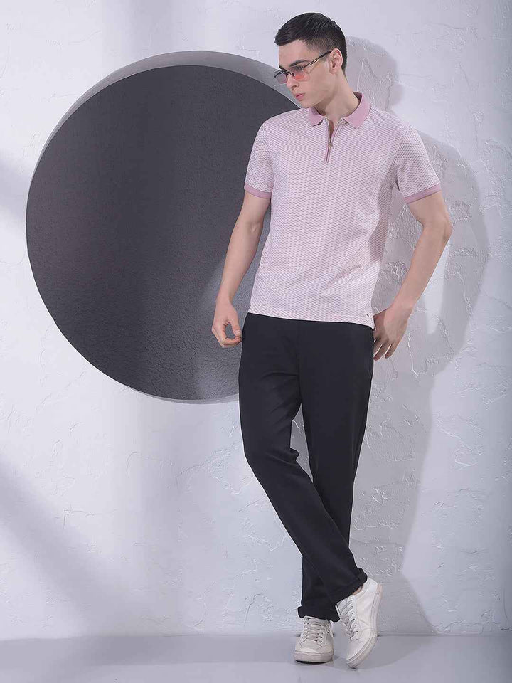 Pink Printed Polo Neck T-Shirt with Zip Closure
