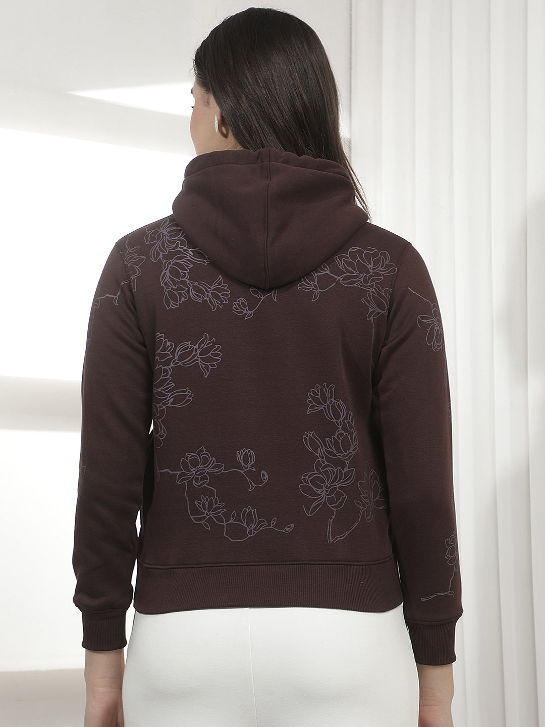 Brown Floral Print Hooded Neck Sweatshirt