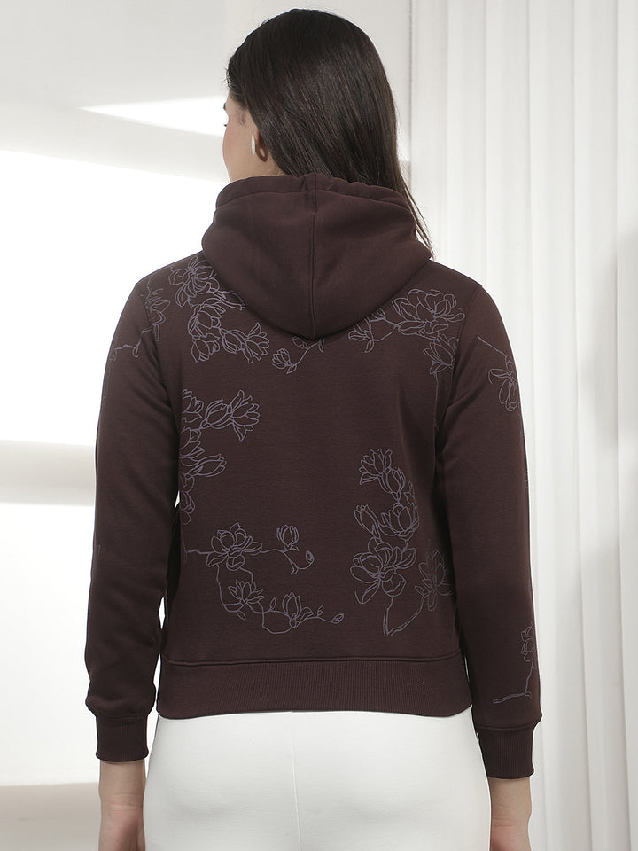 Brown Floral Print Hooded Neck Sweatshirt