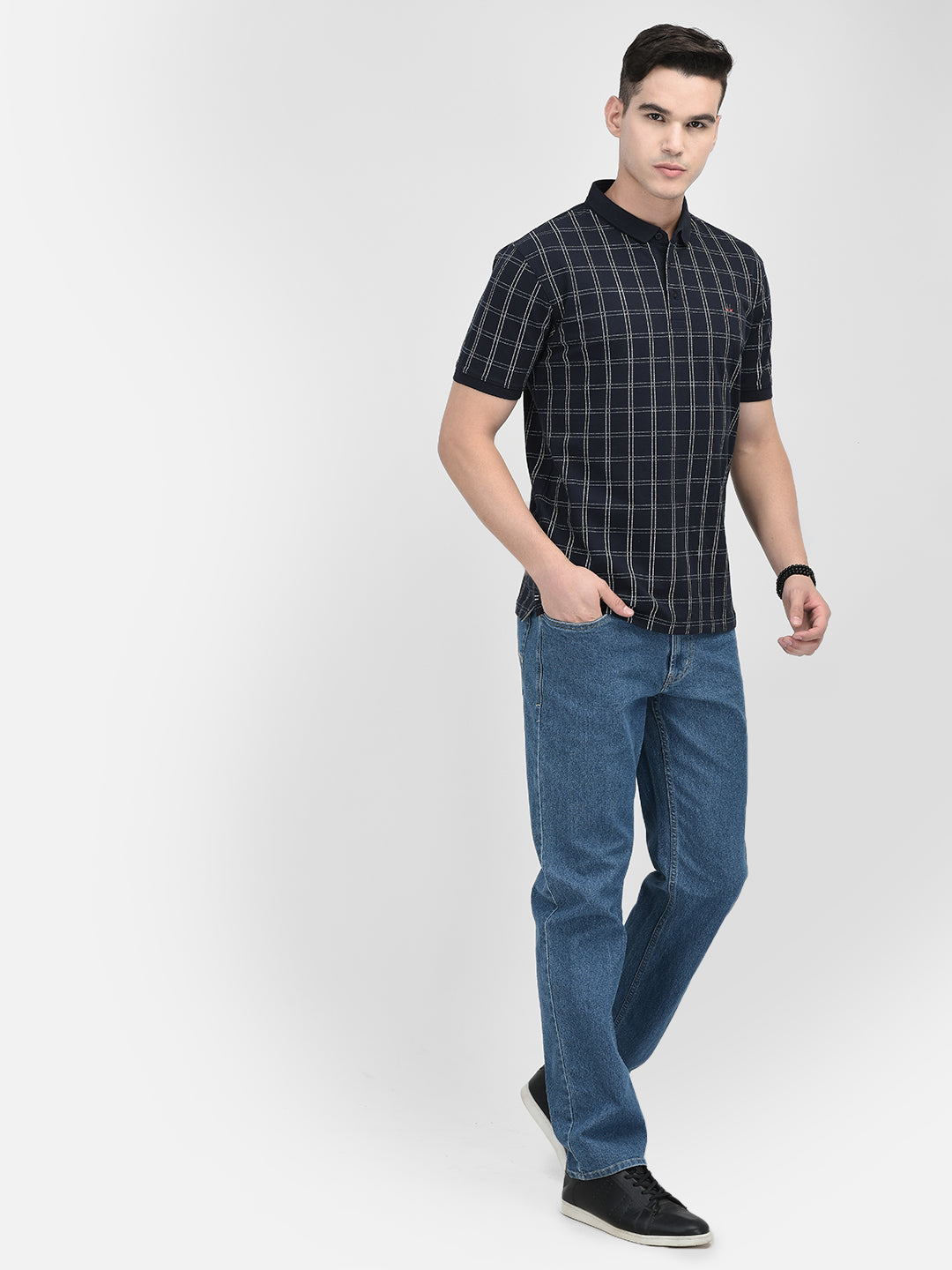Navy Blue Checked Polo Neck T-Shirt