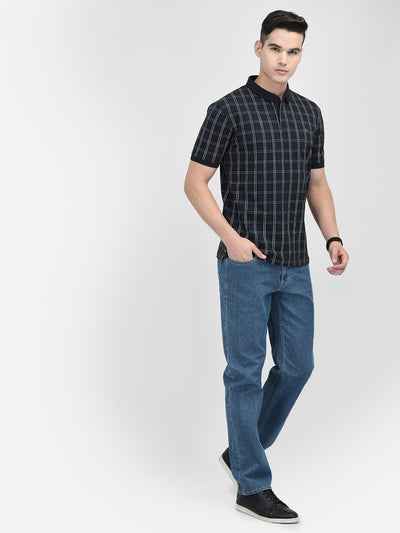 Navy Blue Checked Polo Neck T-Shirt