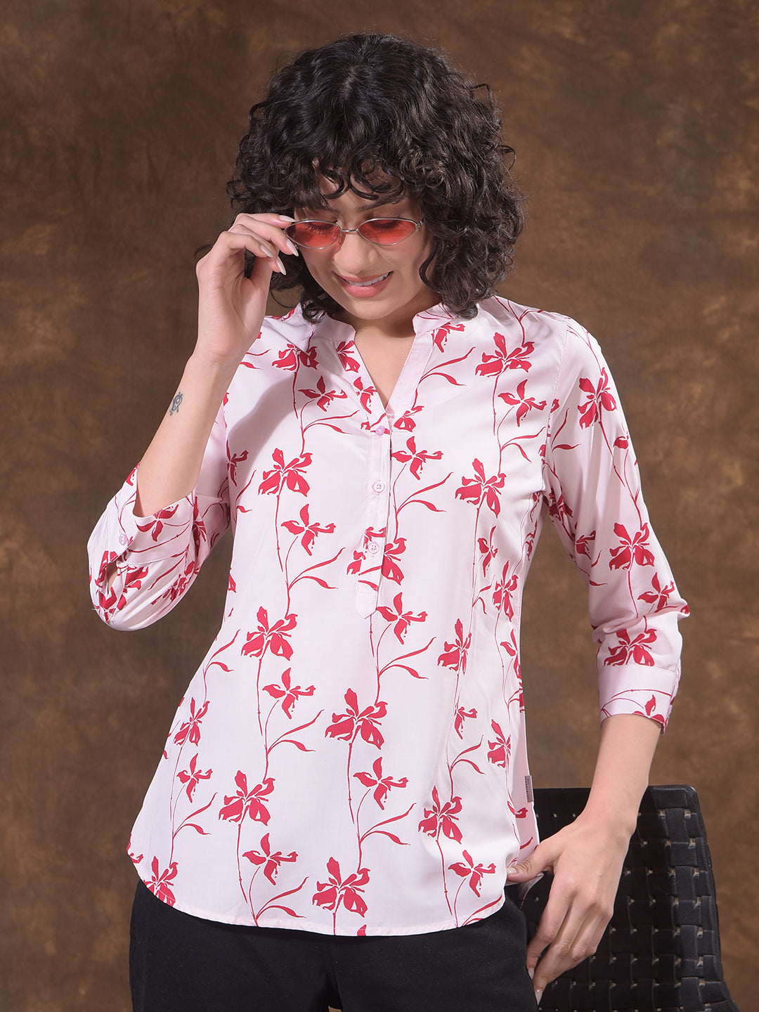 Red Modal Floral Print V-Neck Top