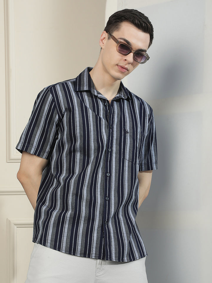 Navy Blue Vertical Stripes 100% Cotton Shirt