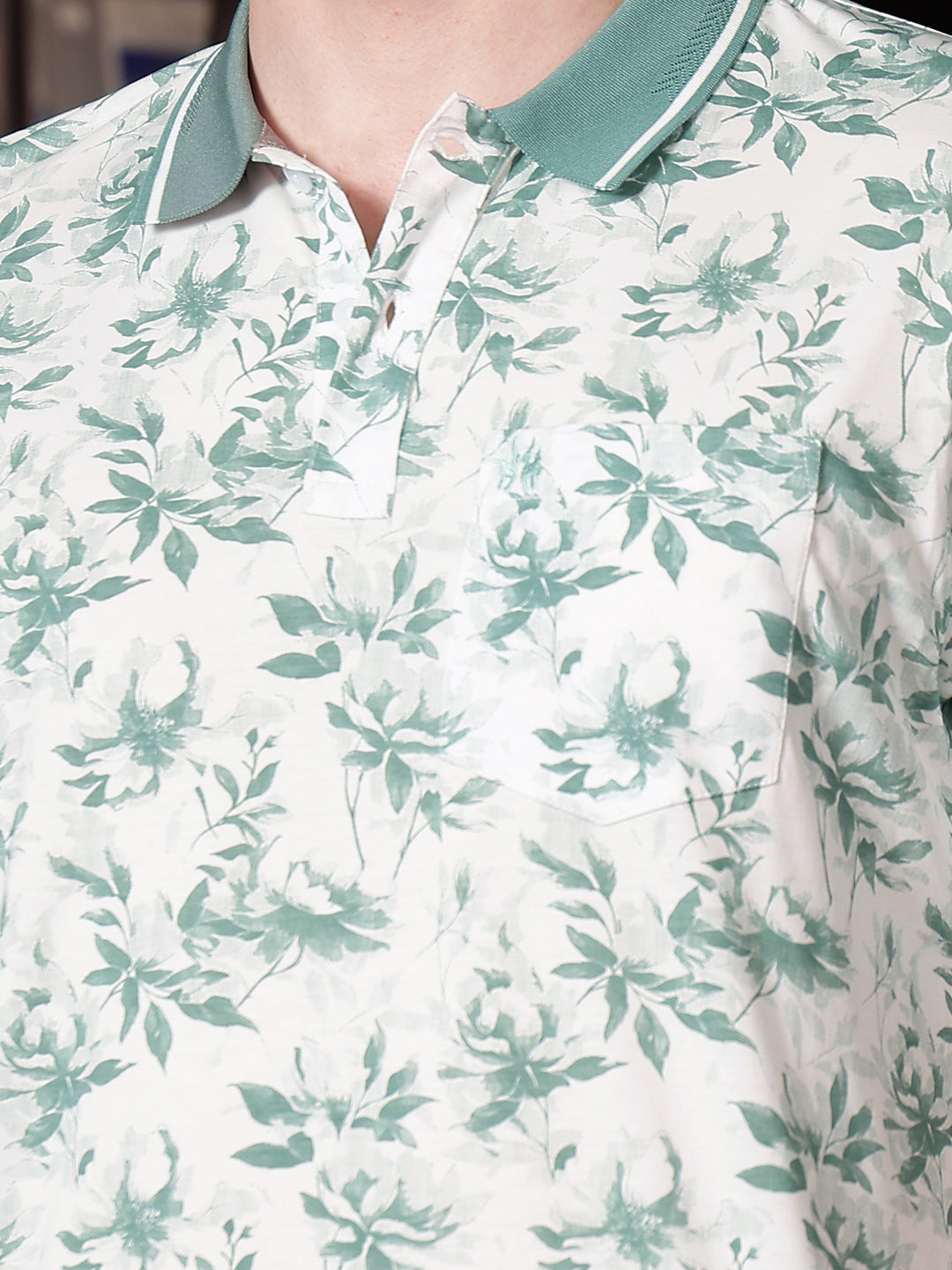 Green Floral Print Polo Neck T-Shirt