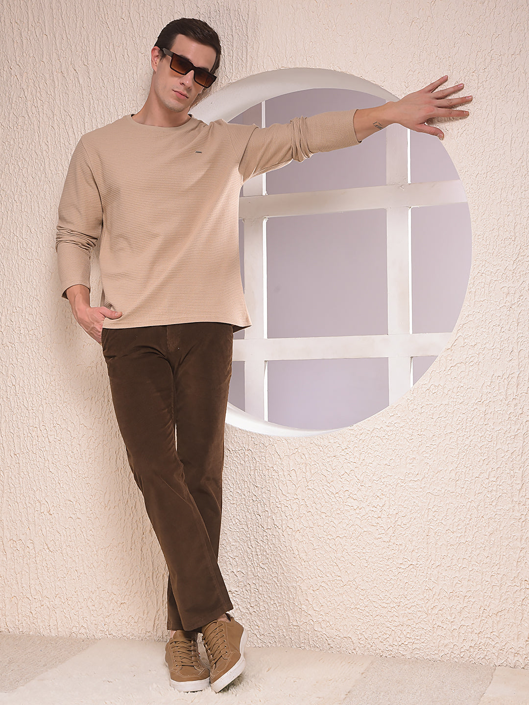 Beige Textured Knit Sweatshirt