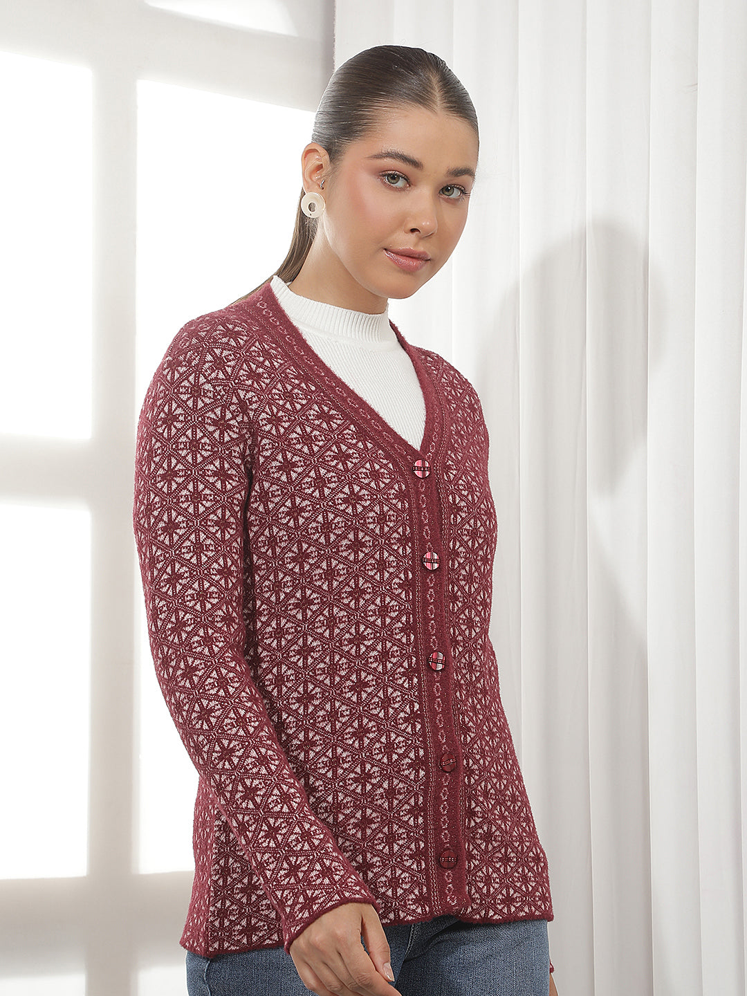 Maroon Geomatric Print V-Neck Cardigan