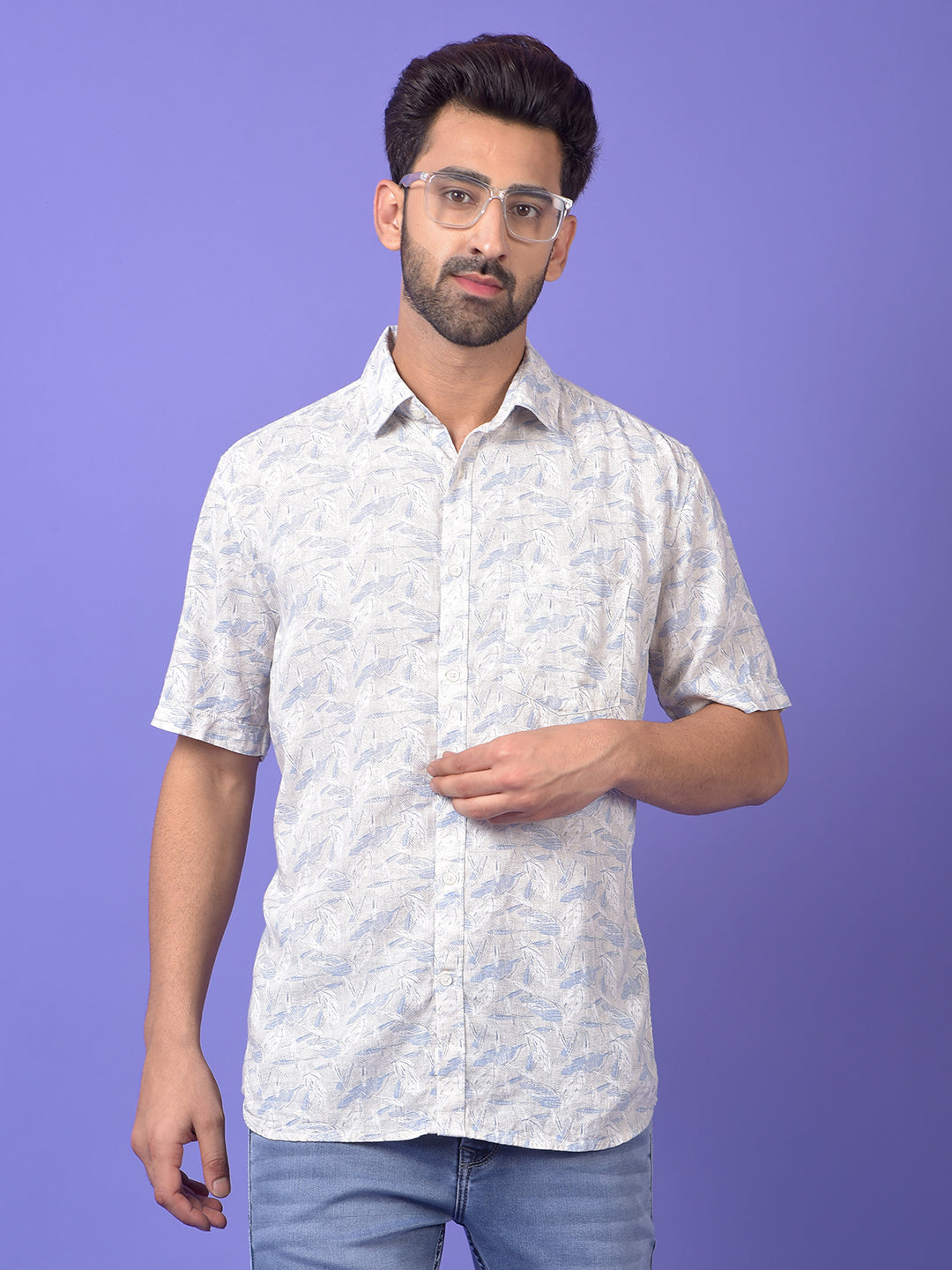 Blue Floral Print Linen Shirt