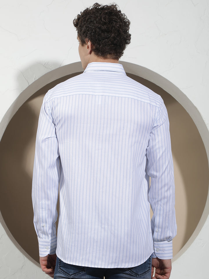 Blue Vertical Striped 100% Cotton Shirt