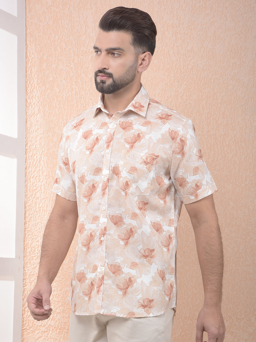Orange Floral Printed Linen Shirt