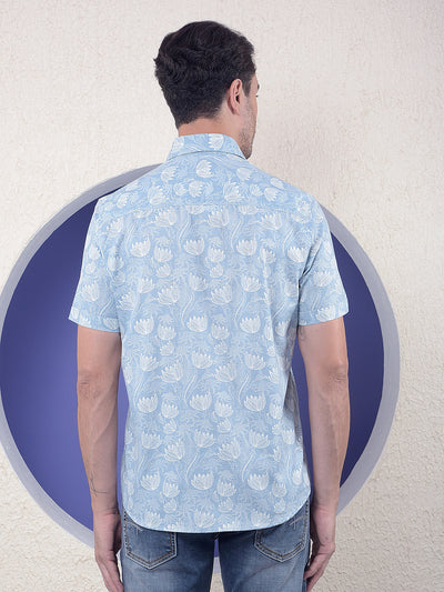Blue Floral Printed Linen Shirt