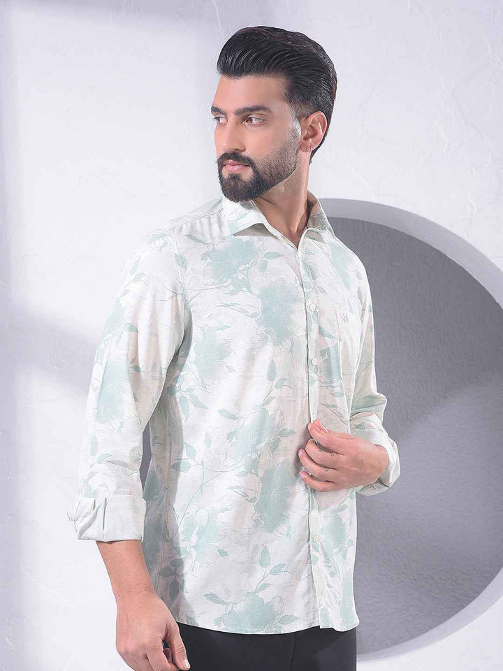 Green Floral Print Linen Shirt