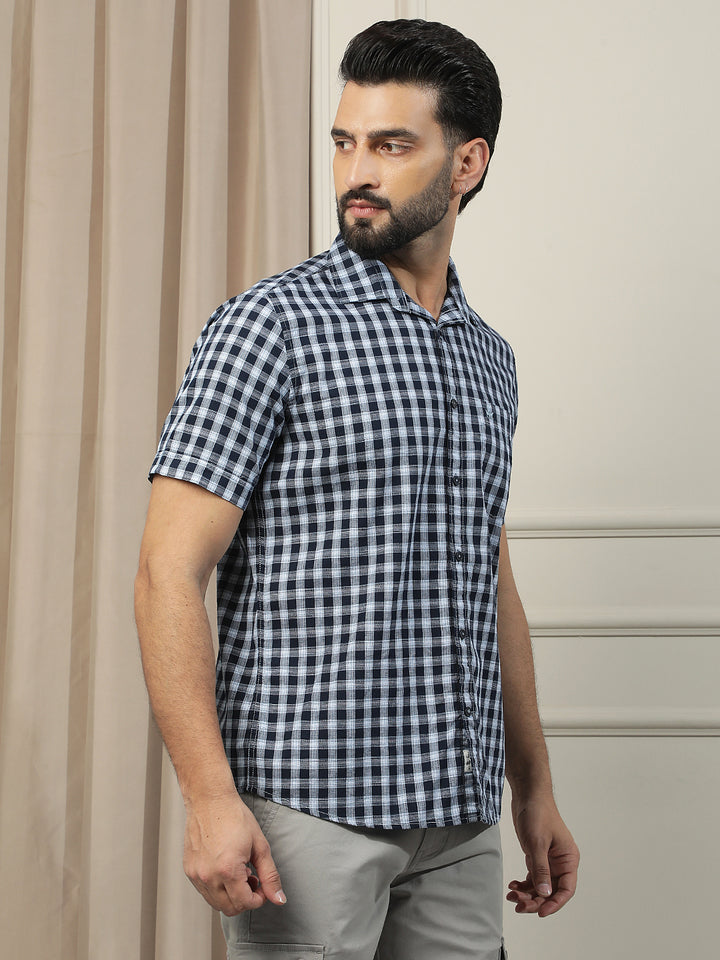 Navy Blue Checked 100% Cotton Shirt