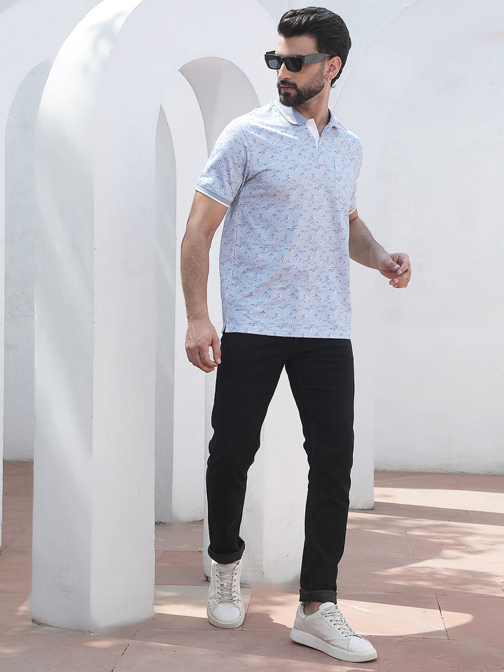Blue Floral Print Polo Neck T-Shirt
