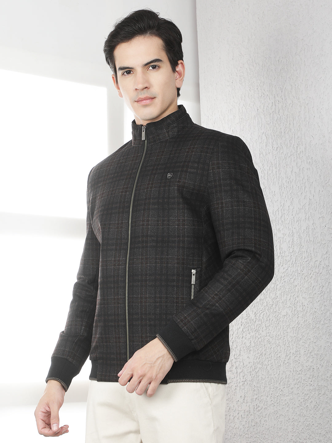 Brown Checked Bomber Jacket