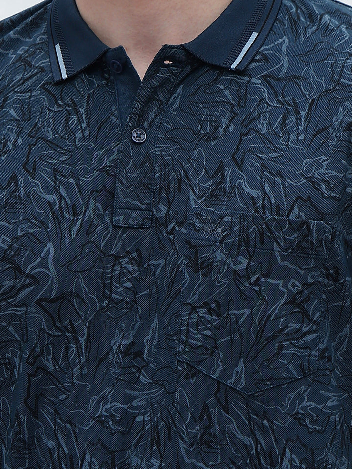 Blue Floral Print Polo Neck T-Shirt