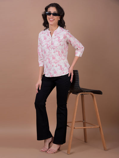 Pink Floral Print V-Neck Linen Top