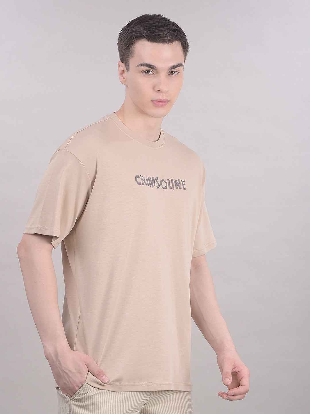 Beige Typographic 100% Cotton Oversize T-Shirt