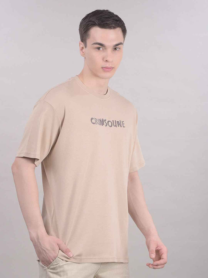 Beige Typographic 100% Cotton Oversize T-Shirt