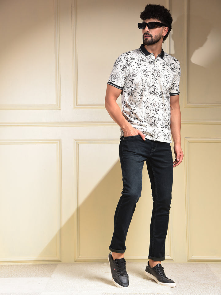 Black Floral Print Polo-Neck T-Shirt