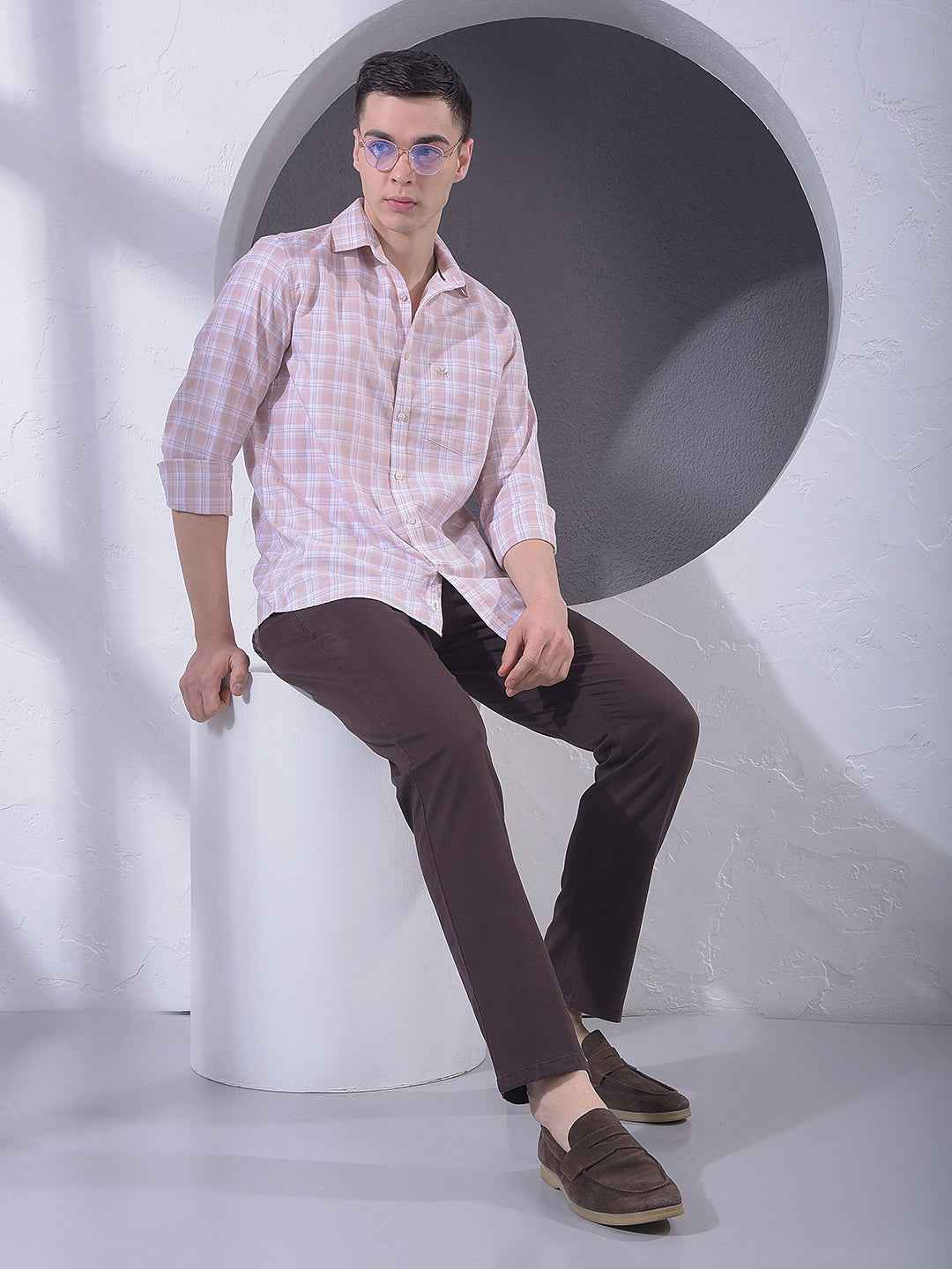 Peach Checked 100% Cotton Shirt