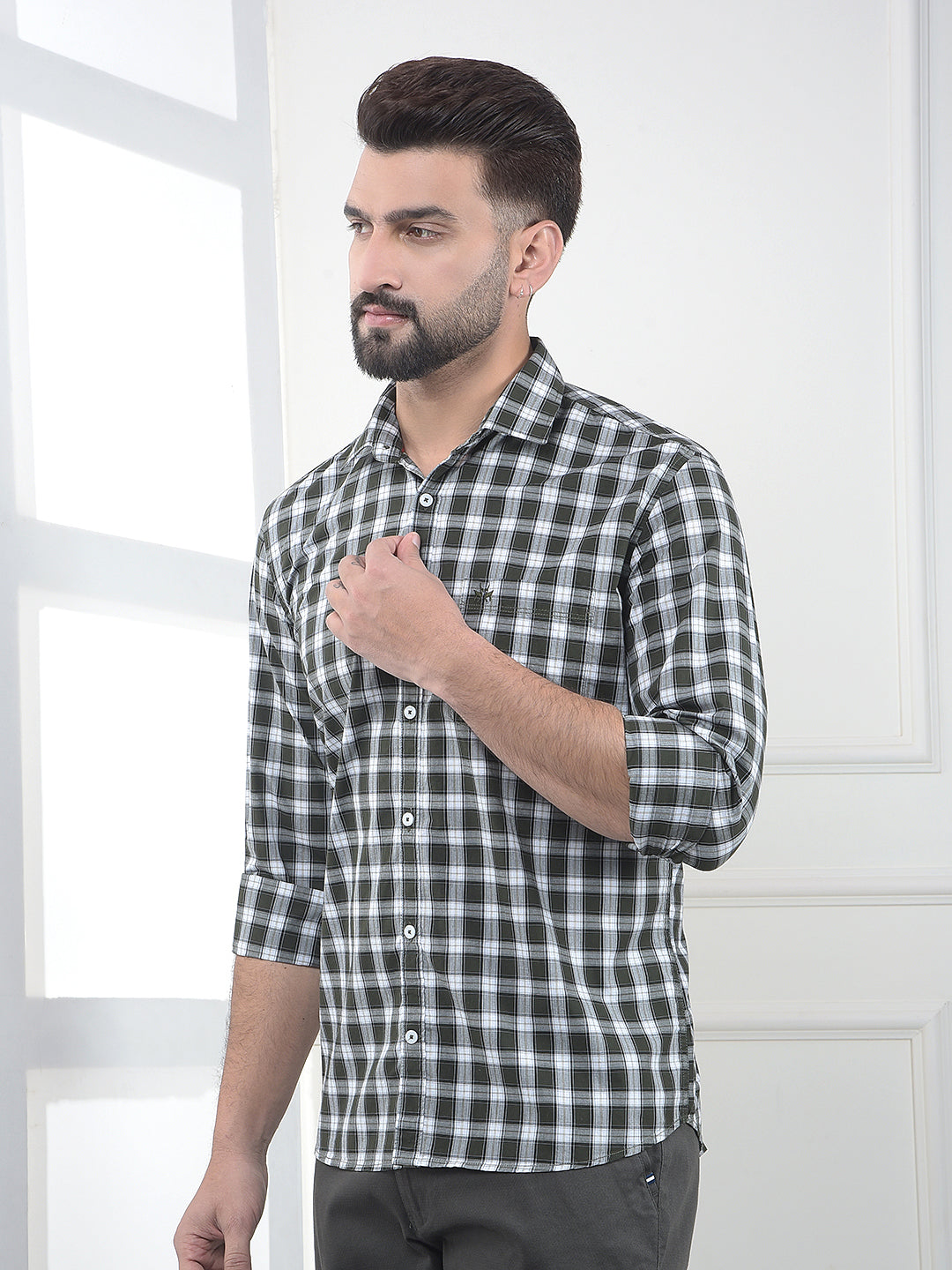 Olive Checked 100% Cotton Shirt