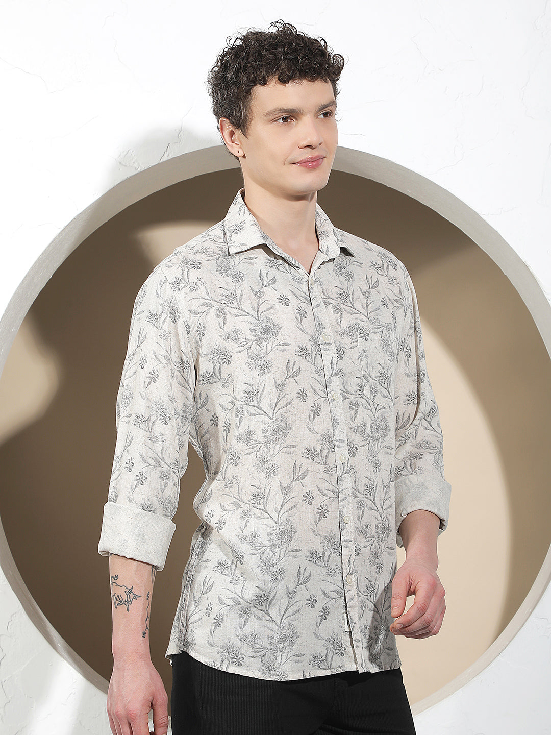 Linen Black Floral Print Shirt
