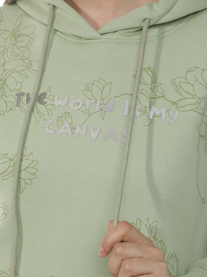 Green Floral Print Hooded Neck Sweatshirt