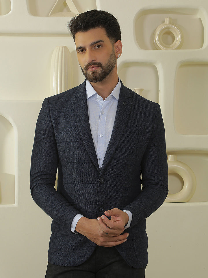Blue Checked Notch Lapel Blazer