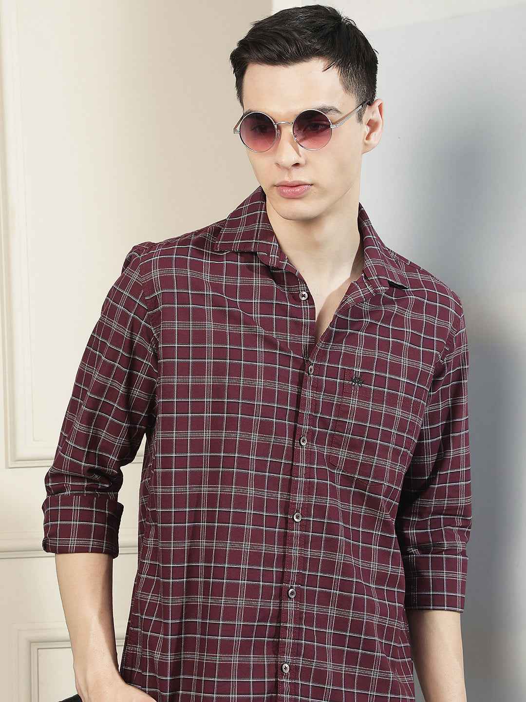 100% Cotton Maroon Checked Shirt