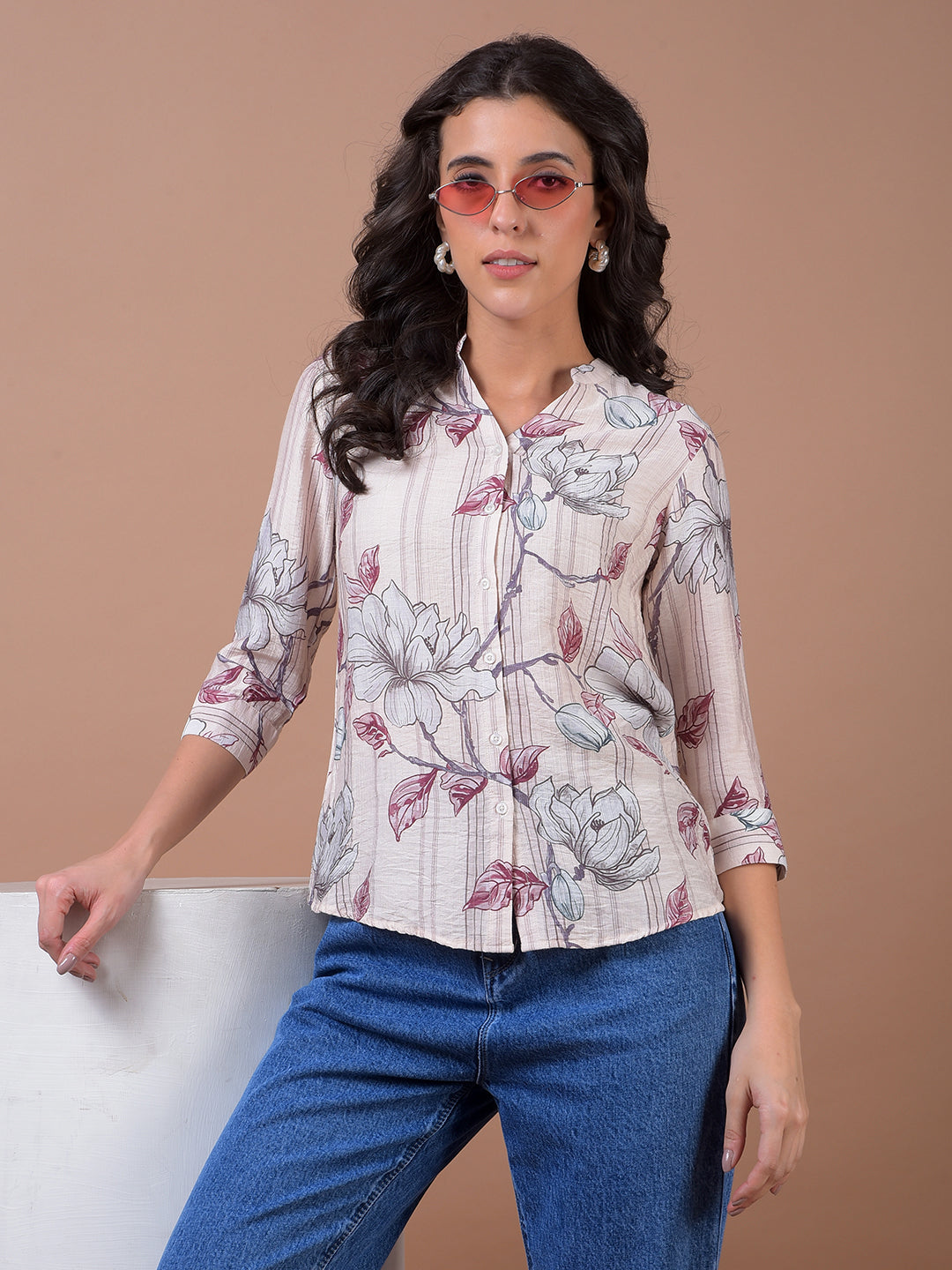 Maroon Floral Print V-Neck Shirt