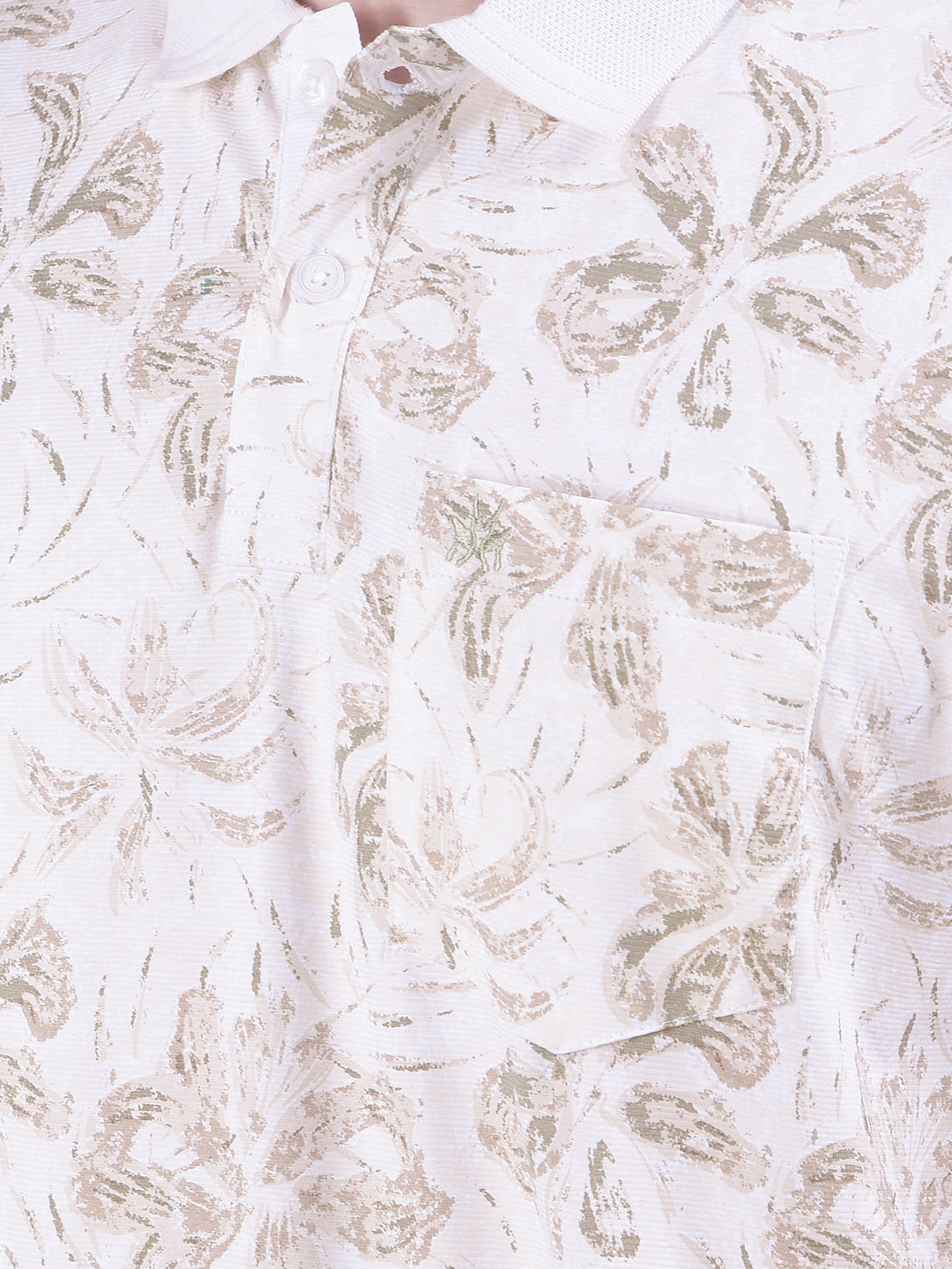 Beige Floral Print Polo-Neck T-Shirt