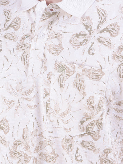 Beige Floral Print Polo-Neck T-Shirt